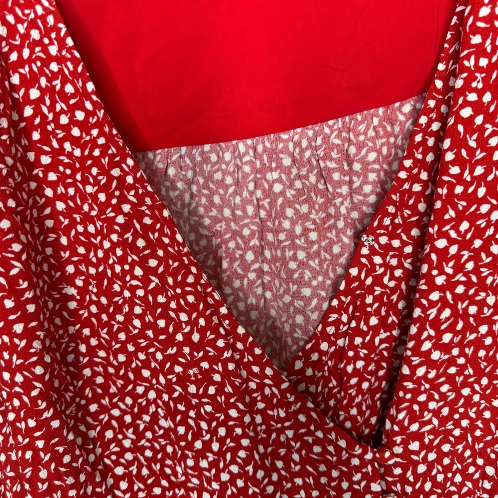Madewell Red White Ditsy Floral Faux Wrap Blouse M Long Sleeve VNeck Button Cuff - Picture 5 of 10
